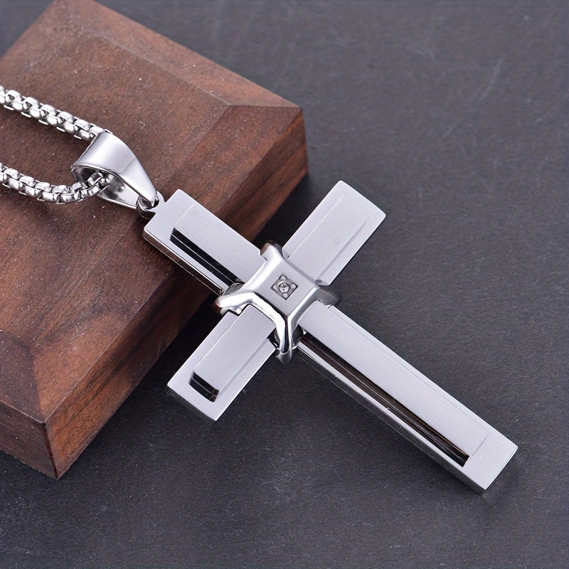 Fashion Stainless Steel Cross Pendant Necklace for Men, Synthetic Zirconia Inlay, Unplated Vintage Style Jewelry by Alpaca