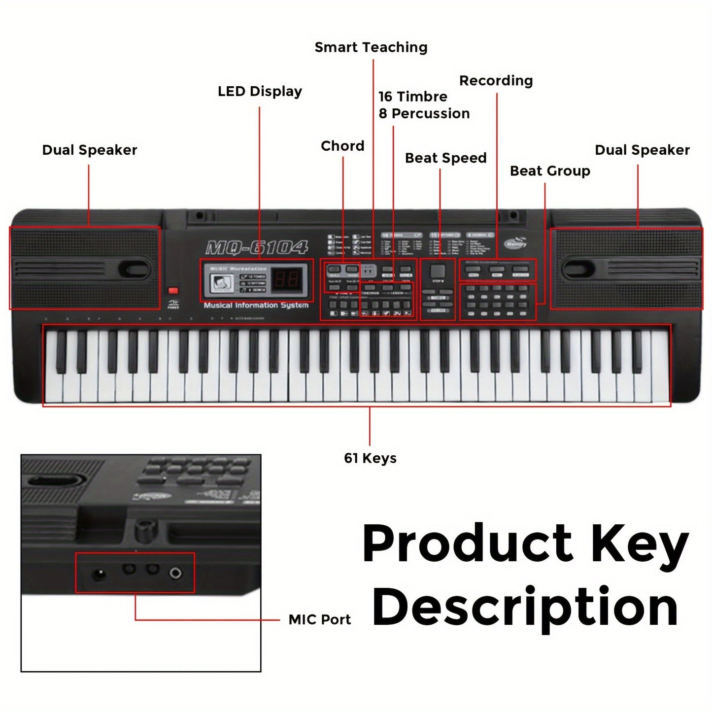 61-key Portable Keyboard For Kids. Dual Power Via USB/battery. Educational Music Instrument With Interactive Learning. Comes With Microphone, 16 Tones, 8 Percussion Recordings, 10 Rhythms, And 6 Demos.