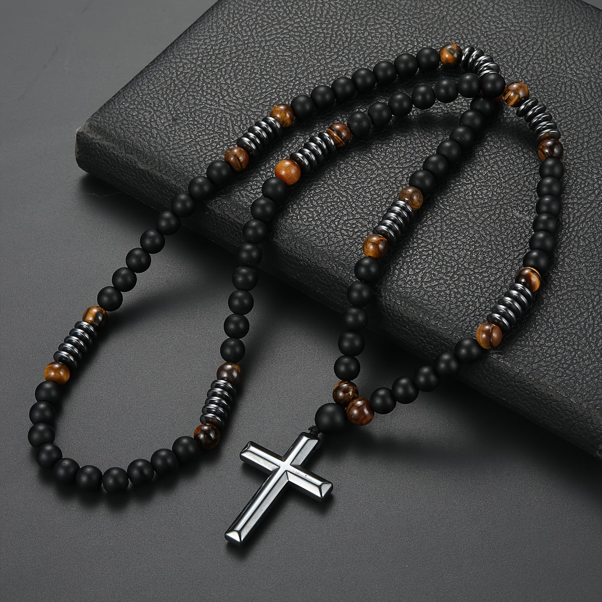 1pc 8mm Beaded Matte Black Natural Stone Yellow Tiger Eye Cross Pendant Necklace, Unique Gift for Men, Cool Jewelry