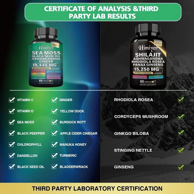 SHilajit+Sea Moss High Potency Vitality Combo - Ashwagandha Turmeric Bladder, Burdock 2000 Mg & Ginger, Vitamin C, Vitamin D3 & Elderberry Manuka & Pure Himalayan Shilajit Supplement