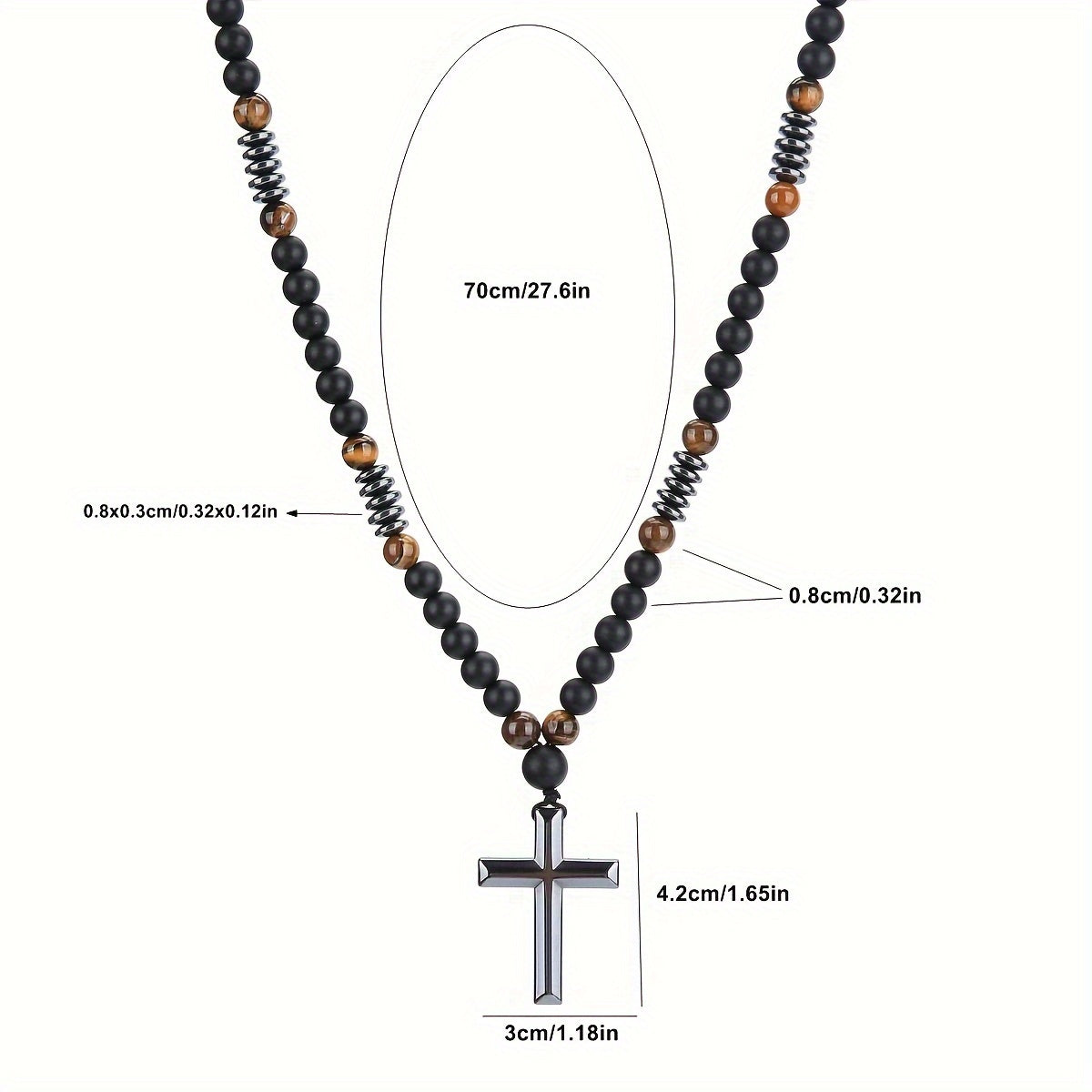 1pc 8mm Beaded Matte Black Natural Stone Yellow Tiger Eye Cross Pendant Necklace, Unique Gift for Men, Cool Jewelry