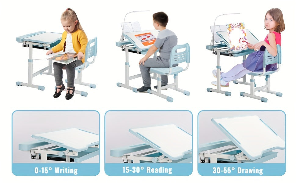 Kids' Ergonomic Study Desk Set - School Chairs with Height Adjustment, 55° Tiltable Desktop, 3-Mode & 3-Brightness LED Lamps, Storage Drawer, Metal Hook, and Sturdy Construction for Boys and Girls, Blue