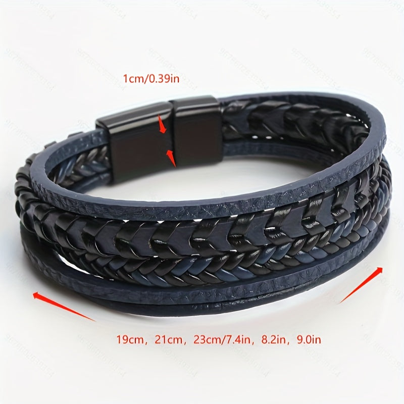 1pc Men's Magnetic Leather Bracelet, Multi-Layer Braided Bracelet with PU Leather Buckle, Trendy Wristband