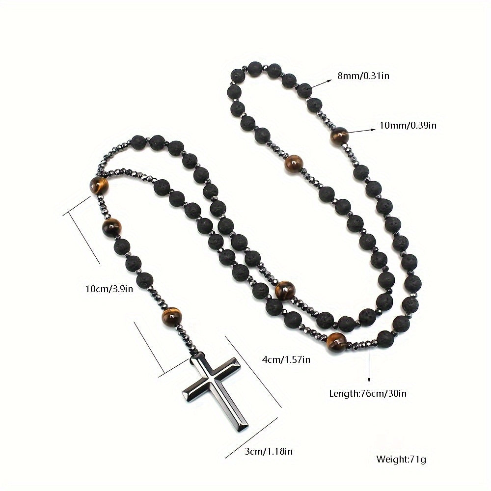 Natural Stone Cross Pendant Beads Necklace, Men's Religious Necklace