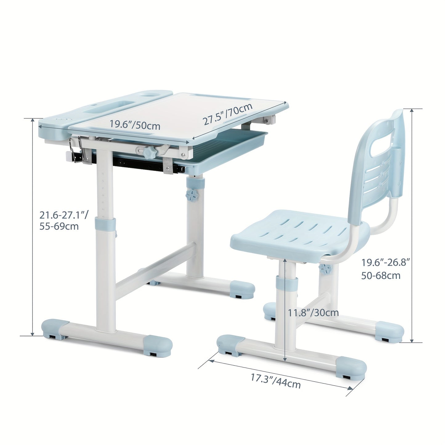 Kids' Ergonomic Study Desk Set - School Chairs with Height Adjustment, 55° Tiltable Desktop, 3-Mode & 3-Brightness LED Lamps, Storage Drawer, Metal Hook, and Sturdy Construction for Boys and Girls, Blue