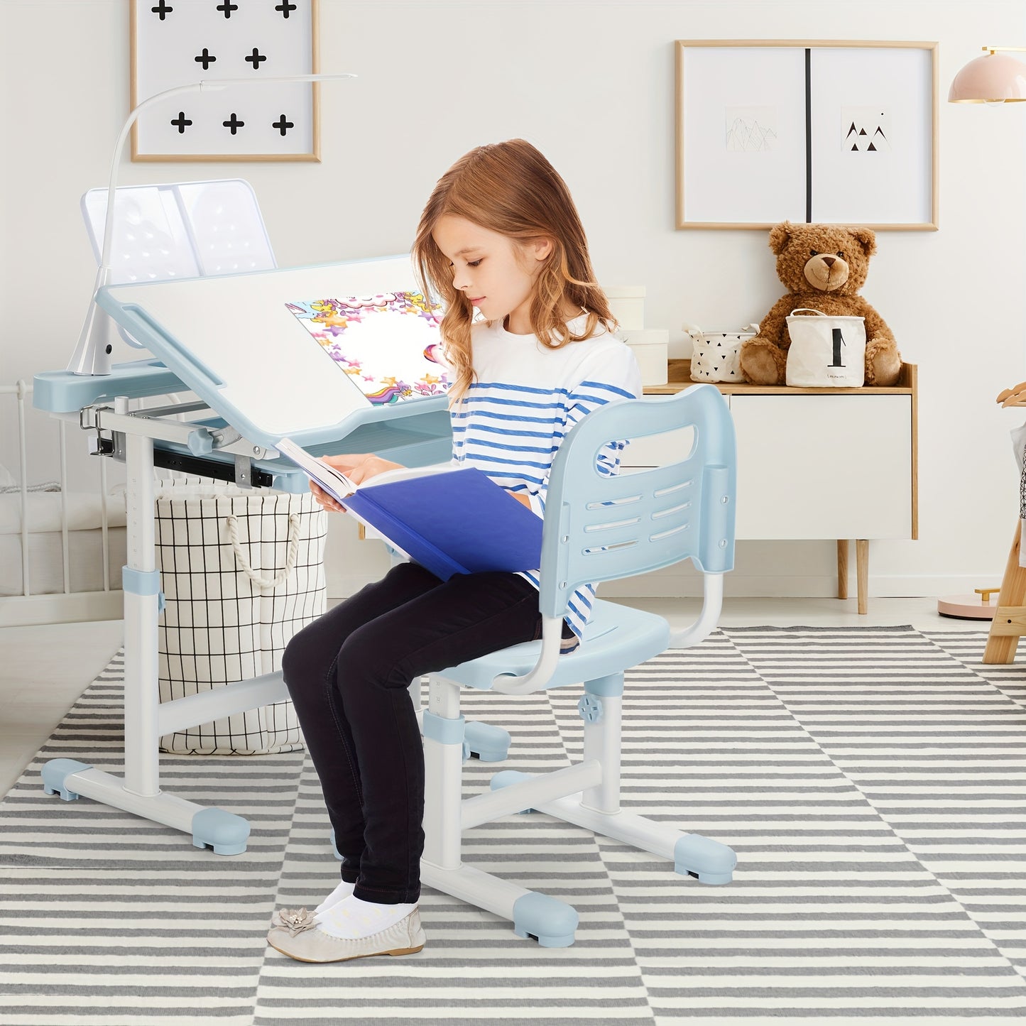 Kids' Ergonomic Study Desk Set - School Chairs with Height Adjustment, 55° Tiltable Desktop, 3-Mode & 3-Brightness LED Lamps, Storage Drawer, Metal Hook, and Sturdy Construction for Boys and Girls, Blue